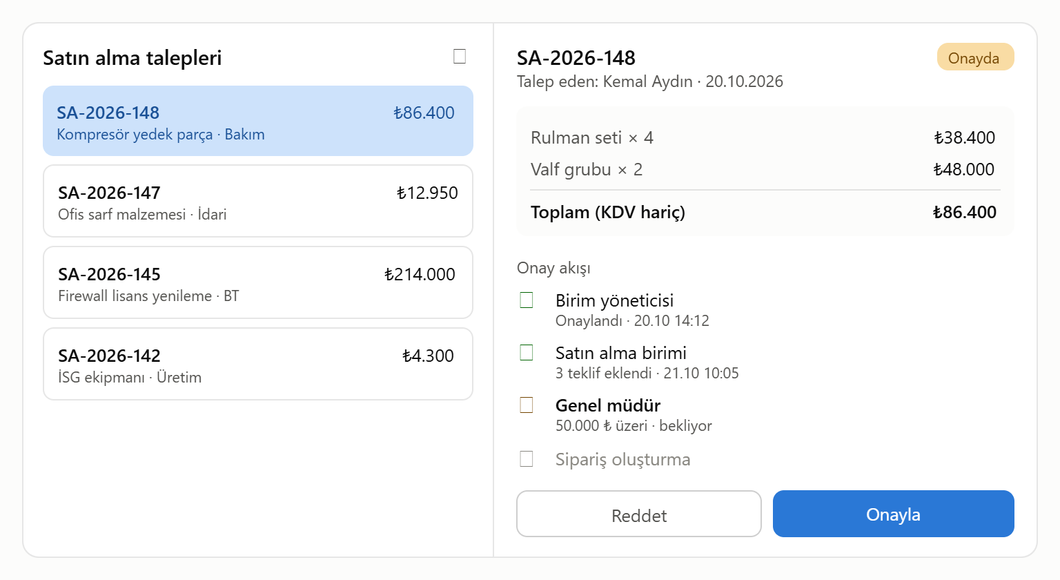 Satın Alma Onayı Power Apps uygulama ekranı